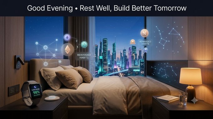 A futuristic bedroom scene at night featuring a bed with pillows, an Apple Watch displaying 98% battery on a nightstand, and a window view of a neon city skyline with floating cryptocurrency icons labeled 'REWARDED HABITS' under the text 'Good Evening • Rest Well, Build Better Tomorrow'.