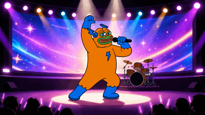 A vibrant cartoon mascot in an orange superhero suit with a lightning bolt emblem takes center stage on a star-lit concert stage, microphone in hand, with a drum kit and cheering silhouettes in the background — perfectly capturing the hyped launch announcement for the $HYPER token on Thursday, 26 November.