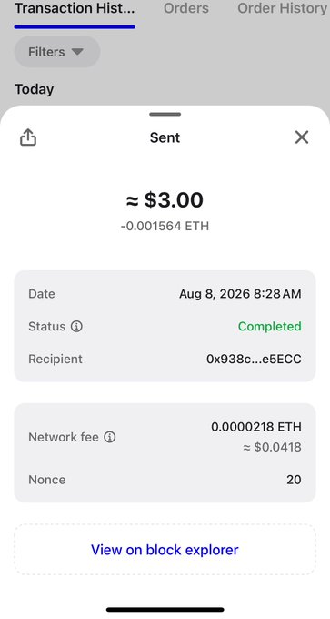 A screenshot of a completed cryptocurrency transaction confirmation showing ≈$3.00 (~0.001564 ETH) sent to address 0x938c...e5ECC on Aug 8, 2026, with a network fee of 0.0000218 ETH, which the poster appears to be sharing as part of a playful giveaway promotion asking followers to comment for a chance to win.
