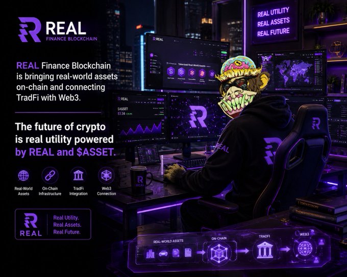 The image features a person wearing a mask, sitting at a desk with multiple monitors displaying various financial data. The background of the image is purple, which complements the mask-wearing individual's attire. The text "REAL Finance Blockchain" is prominently displayed in white letters above the person, and "real finance blockchain" is written below them. The post also mentions that the future of crypto lies in REAL utility powered by REAL and $ASSET.