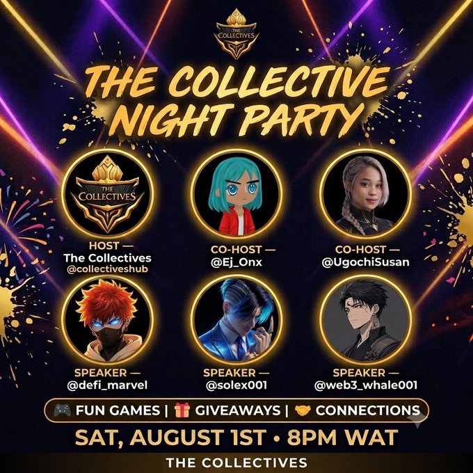A promotional flyer for 'THE COLLECTIVE NIGHT PARTY' featuring avatar portraits for hosts and speakers including @collectiveshub, @Ej_Onx, @UgochiSusan, @defi_marvel, @solex001, and @web3_whale001, scheduled for Saturday, August 1st at 8PM WAT.