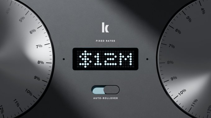 A gray interface shows two circular percentage dials, a central dot-matrix display reading “OPEN,” and a labeled toggle for “AUTO-ROLLOVER,” with “FIXED RATES” below a white logo.