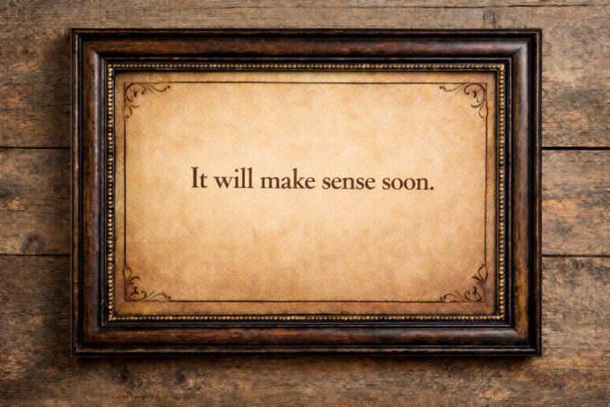 A wooden framed sign with the text "It will make sense soon." displayed on an aged parchment background.