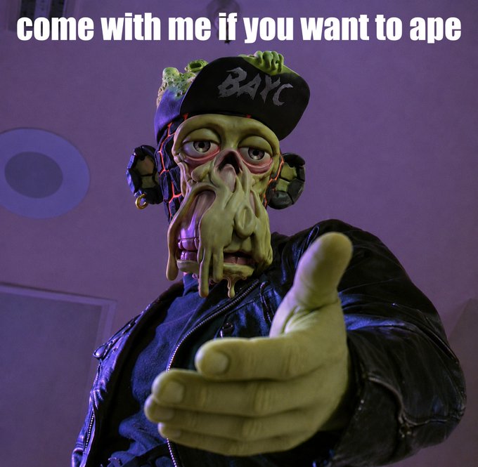 A green, grotesque alien-like character wearing a black "BAYC" cap and headphones gives a thumbs-up against a purple backdrop, with the caption "come with me if you want to ape" displayed across the top. The image ties into the post's theme of community, as the BAYC-themed figure embodies the welcoming, playful spirit of the Ape community being highlighted by the "Ape of the Month" feature.