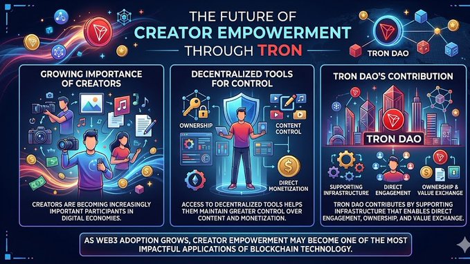 In the image, a poster or illustration illustrates the concept of creator empowerment through TRON creators, as seen on the creator's side. The central figure depicts someone standing with their arms raised in victory above an assortment of objects that include various forms of digital tools, such as coins and icons symbolizing virtual resources. These elements are scattered throughout the image at different heights and positions to represent the diverse types of content creators can access through TRON DAO. The poster also mentions how TRON DAO benefits creator empowerment by providing centralized control over their creations in a decentralized environment.