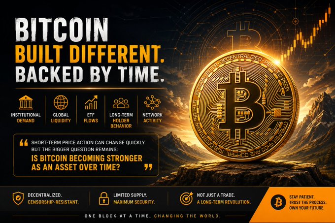 A bold Bitcoin promotional graphic titled 'BITCOIN BUILT DIFFERENT. BACKED BY TIME.' lists features like institutional demand and network activity, featuring a large golden Bitcoin coin on a mountain peak.