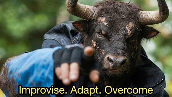 The image features a close-up of a bull's head with horns, positioned against a green background. Below this image, there is text that reads "Improvise. Adapt. Overcome. The reward is worth it." This phrase seems to be related to the bull in the image and could possibly be a part of an advertisement or promotional material for a product or service.