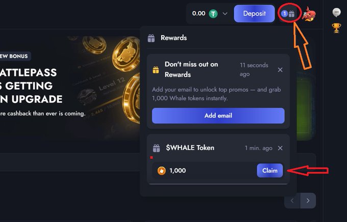 A screenshot of a cryptocurrency platform's 'Rewards' notification prompting users to add an email to claim 1,000 $WHALE tokens, with arrows highlighting the gift icon and claim button.