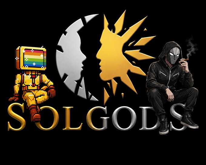 A digital graphic featuring the text "SOLGODS" with two stylized characters — a pixel-art robot with a pride flag screen on the left and a hooded figure with a mask smoking on the right — flanking a central silver and gold shattered face logo, visually representing the established SolGods NFT community referenced in the post.