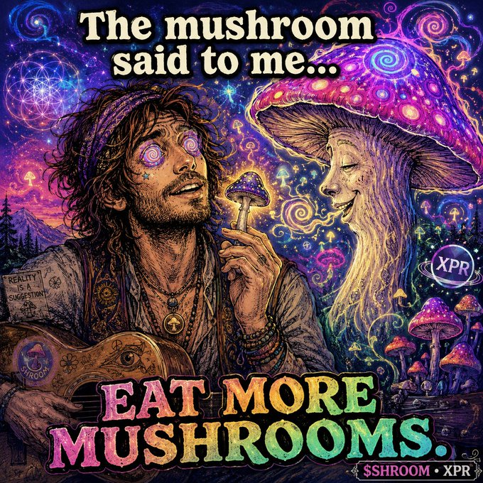 A psychedelic poster features a man with spiraling eyes holding a mushroom, with a talking mushroom beside him and text reading "The mushroom said to me... EAT MORE MUSHROOMS." with logos for "$SHROOM" and "XPR".