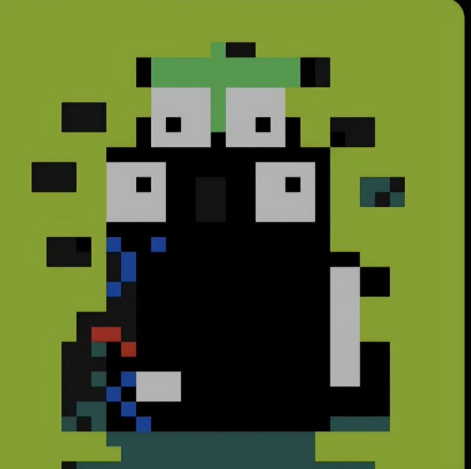 A pixel art illustration on a green background shows a black character with wide white eyes and a green leafy top, surrounded by floating black and colored squares.