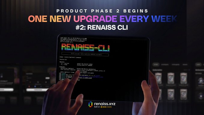 A promotional graphic for Renaiss CLI announcing 'PRODUCT PHASE 2 BEGINS - ONE NEW UPGRADE EVERY WEEK #2: RENAISS CLI', showing hands holding a tablet displaying the colorful ASCII-art logo and terminal interface, with the URL renaiss.xyz and 'Built on BitTorrent Chain' at the bottom.