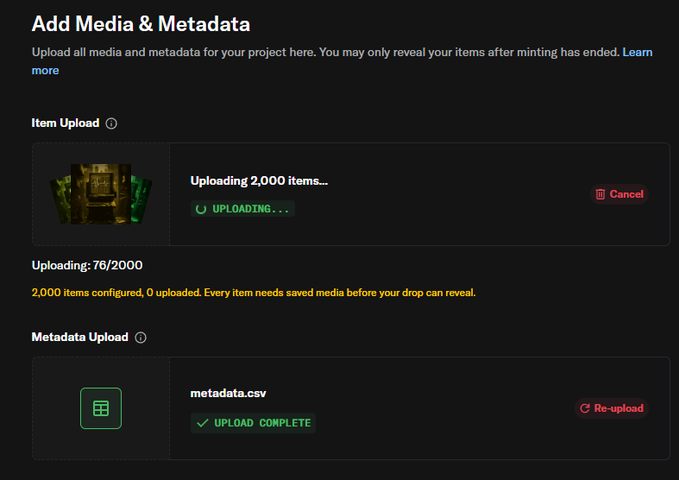 A dark-themed web interface showing an 'Add Media & Metadata' upload screen in progress, displaying 'Uploading 2,000 items...' at 76/2000 with metadata.csv upload complete.