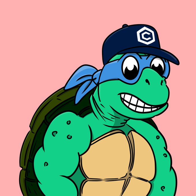 A cartoon illustration of a muscular green turtle character wearing a blue bandana/mask and a dark blue cap with a 'C' logo, set against a pink background.