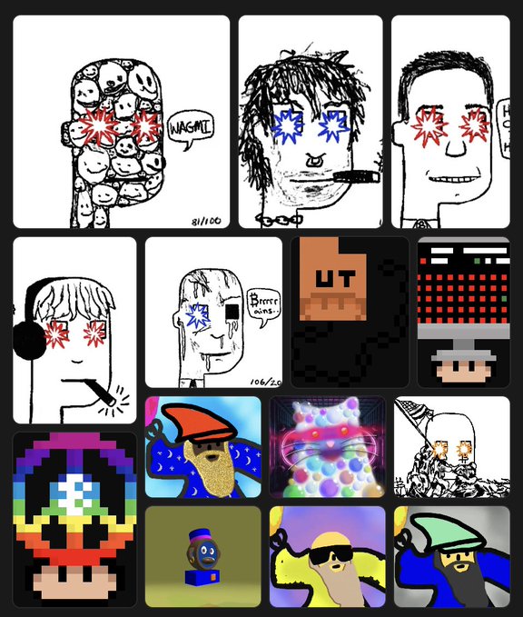 A grid of various internet meme drawings, including rage faces, Wojak-style characters, pixel art, and cartoon figures, all rendered in a crude, doodle-like style.