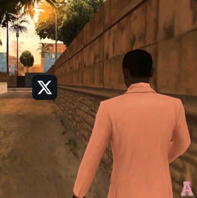 A third-person view from a video game (appears to be GTA San Andreas) shows a character in a peach-colored suit walking along a sunlit alleyway beside a brick wall, overlaid with an X (formerly Twitter) logo. The image reinforces the post's motivational "GM, winners" message by pairing the determined forward stride with the iconic platform's branding, symbolizing a focused start to the week for X users.