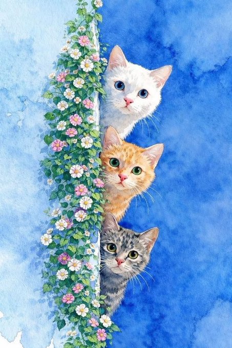 A watercolor-style illustration of three curious kittens—one white, one orange tabby, and one gray tabby—peeking out from behind a lush vine of pink and white flowers against a blue background.