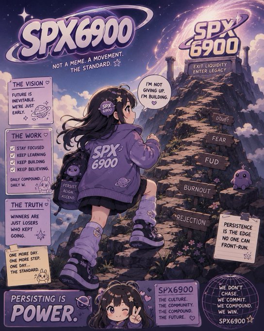 A vibrant anime-style SPX 6900 promotional poster featuring a girl in a purple jacket climbing a mountain of obstacles (Doubt, Fear, FUD, Burnout, Rejection), with slogans like "PERSISTING IS POWER" and "NOT A MEME. A MOVEMENT. THE STANDARD."