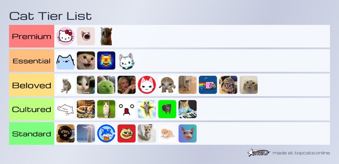 A 'Cat Tier List' ranking various cat images into tiers: Premium, Essential, Beloved, Cultured, and Standard, created via topcats.online.