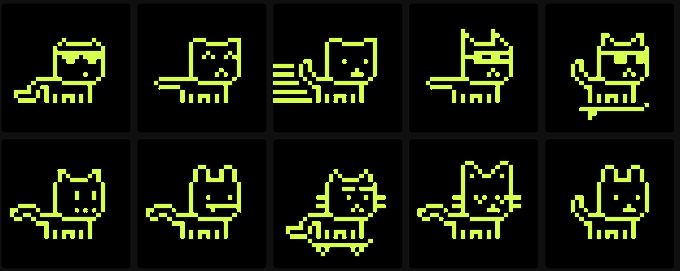 A collection of 10 pixel-art cat sprites showing various cat poses in yellow/green color on a dark background.