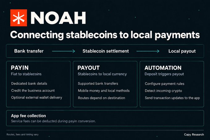 An informational graphic for 'NOAH' titled 'Connecting stablecoins to local payments,' outlining Payin, Payout, and Automation features.
