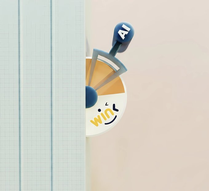 A 3D illustration of a wheel-like object with 'AI' on its handle/pointer and 'win' text on the wheel face, set against a tiled wall and pink background, symbolizing AI's role in winning or success.