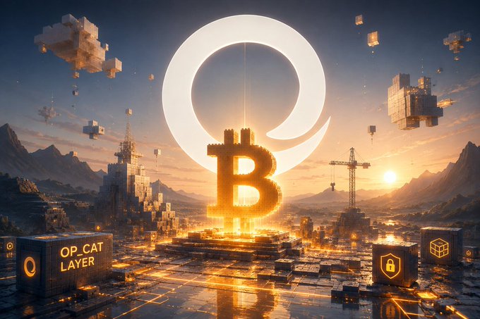 A stylized digital artwork featuring a large glowing Bitcoin 'B' symbol with 'OP_CAT LAYER' text, set against a futuristic cityscape with floating block structures at sunset.
