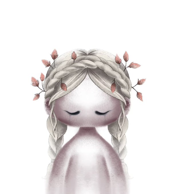 A digital illustration of a serene girl with closed eyes, her blonde hair styled in braids adorned with delicate pink leaves, evoking a dreamy, ethereal quality that complements the poetic NFT-themed post about art and emotion.