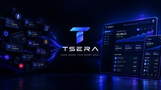 The image showcases TSERA's platform interface, displaying its tagline "KNOW WHERE YOUR MONEY WENT" alongside a dashboard featuring $12,480.32 in total portfolio value and various crypto holdings including BTC, ETH, SOL, and BNB. It visually reinforces the post's warning about leveraged stock trading risks, as TSERA's portfolio tracking and analytics tools are designed to help investors monitor positions and prevent overnight liquidations when markets gap.