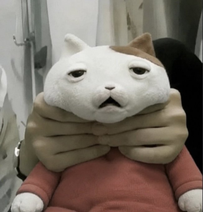 A person wearing a beige puffy jacket holds a white cat-shaped pillow with a sad, droopy-eyed expression in front of their face.