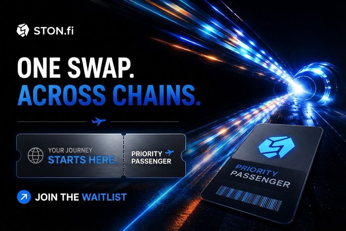 An advertisement for STON.fi with the text 'ONE SWAP. ACROSS CHAINS.' featuring a 'Priority Passenger' ticket design and a 'JOIN THE WAITLIST' button.