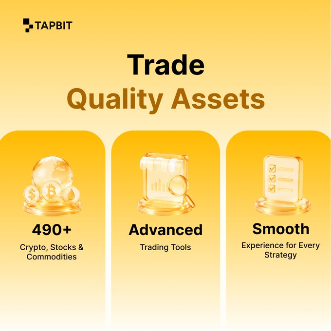 A yellow promotional graphic for 'TAPBIT' advertising 'Trade Quality Assets' with icons highlighting '490+ Crypto, Stocks & Commodities', 'Advanced Trading Tools', and 'Smooth Experience for Every Strategy'.