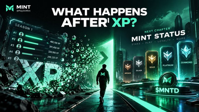 A digital promotional graphic displays 'MINT' and '@PsychoMint' alongside the headline 'WHAT HAPPENS AFTER XP?' with a Season 1 leaderboard showing XP rankings and a 'MINT STATUS' tier system including Bronze, Silver, Gold, Platinum, and Diamond, plus the token symbol '$MNTD'.