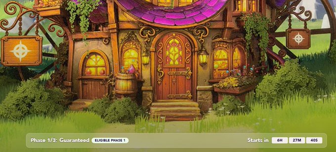 A vibrant fantasy-style tavern with purple shingled roofing, glowing stained-glass windows, and hanging wooden signs stands in a grassy field, displayed alongside the text "Phase 1/3 · Guaranteed · ELIGIBLE PHASE 1" and a countdown timer showing "6H 27M 40S" to the start—matching the post's preview of the Everdraw_RPG mint by chefgoose, hyped despite its $100 price.