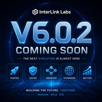 **Caption:** A promotional teaser from Interlink Labs announces the upcoming release of V6.0.2, highlighting key benefits—Faster, Safer, Smarter, Stronger, and Better—under the tagline "The Next Evolution is Almost Here." The image visually reinforces the post's announcement of new ATV integration into Interlink Chain L1 Private and the upcoming ATV Token issuance.

**Visible text/elements:** "InterLink Labs," "V6.0.2 COMING SOON," "THE NEXT EVOLUTION IS ALMOST HERE," "BUILDING THE FUTURE. TOGETHER," and hashtags "#Interlink #ITLG #ITL."