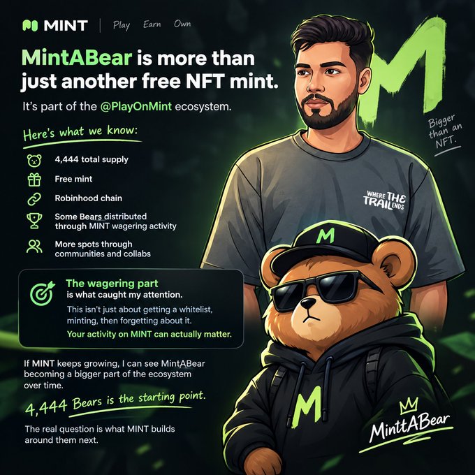 A promotional graphic for 'MintABear' NFT featuring a cartoon man and a bear wearing sunglasses, with text detailing '4,444 total supply', 'Free mint', and 'Robinhood chain' as part of the @PlayOnMint ecosystem.