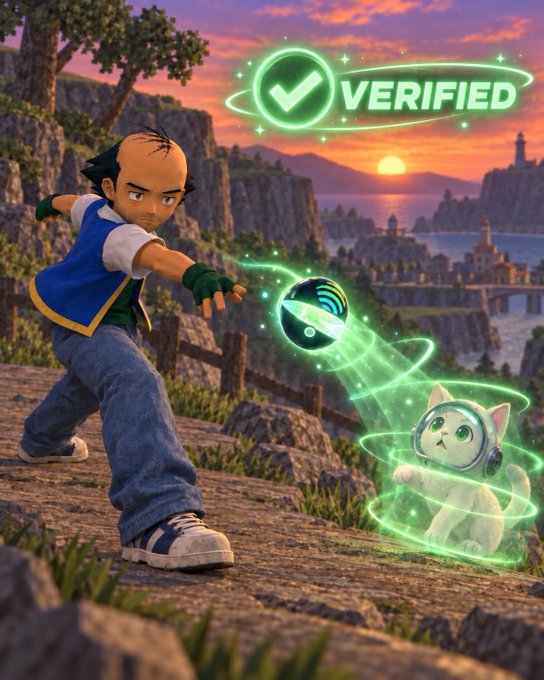 A 3D rendered character with a blue vest reaches out toward a floating green orb while a small cat-like creature is surrounded by green rings, with a green checkmark and the word "VERIFIED" displayed at the top, set against a coastal sunset landscape.