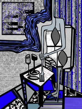 An abstract, stylized digital artwork with blue, gray, and black tones depicts a figure at a table with wine glasses in a cubist setting.