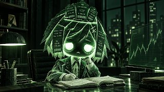 A dark, green-tinted digital illustration of a small character with glowing eyes sitting at a desk in front of a window, surrounded by blackboards covered in mathematical equations.