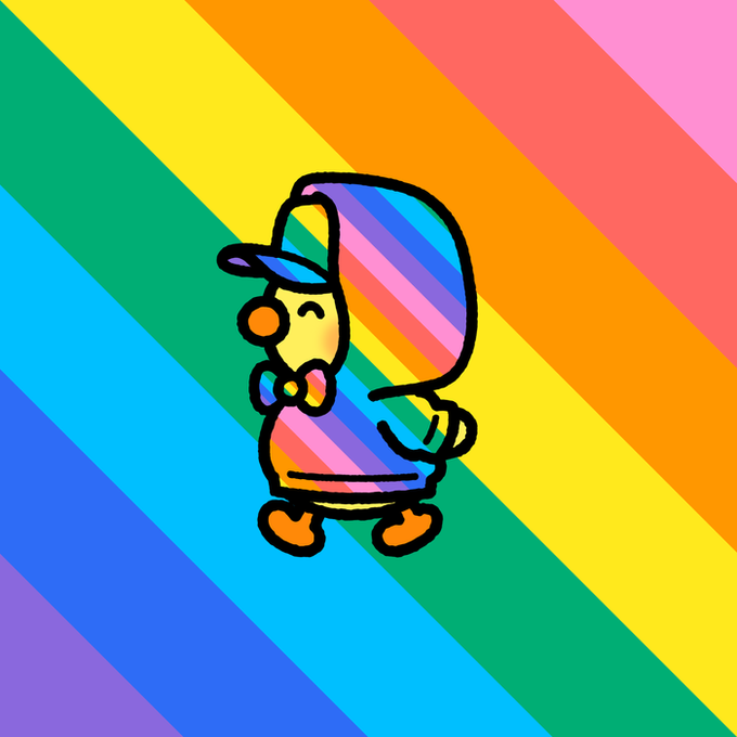A colorful illustration of a character with a rainbow-striped body and a blue cap, set against a diagonal rainbow background.