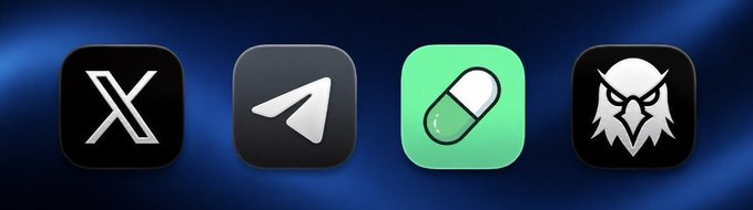 A horizontal display of four app icons on a dark blue background, including the X (Twitter) logo, Telegram's paper plane logo, a green pill-shaped icon, and a white gorilla logo.