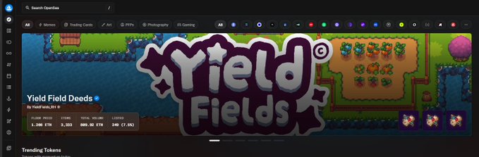 The image shows the OpenSea NFT marketplace homepage featuring "Yield Fields," a verified collection by Yield Guild, displaying stats of 1,389 ETH volume, 3,333 items, 5,000 owners, and a 24H floor price of 24 ETH. The post's excitement about being featured on the front page corresponds directly to this prominent placement of the Yield Fields collection in OpenSea's top carousel.