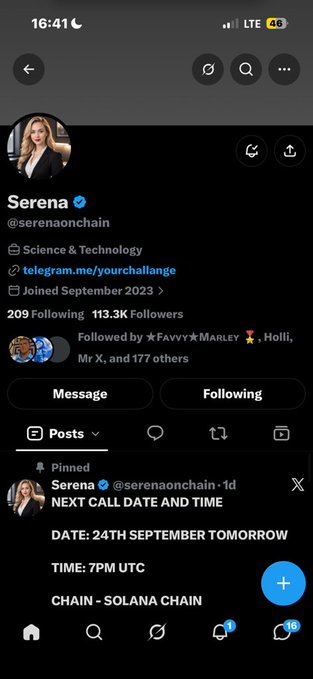 A screenshot of an X (Twitter) profile for 'Serena' (@serenaonchain) with a pinned post announcing 'NEXT CALL DATE AND TIME' for '24TH SEPTEMBER', '7PM UTC', on the 'SOLANA CHAIN'.
