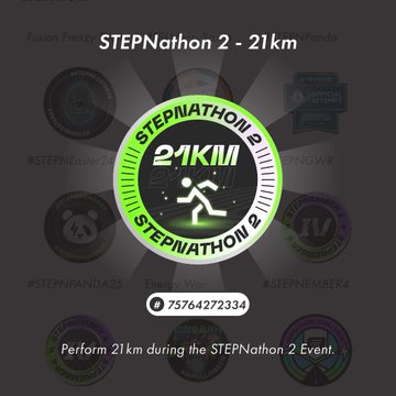 A digital badge for 'STEPNathon 2 - 21km' featuring a running figure and the instruction to 'Perform 21km during the STEPNathon 2 Event.'