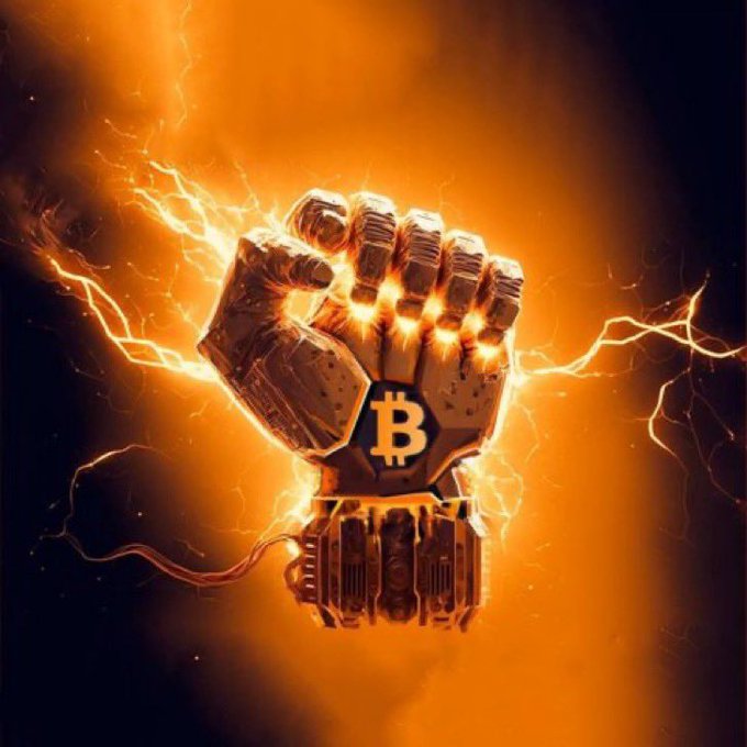 A clenched metallic fist radiates with fiery orange energy and crackling lightning bolts, prominently displaying a Bitcoin "₿" symbol on its knuckles, visually embodying the powerful and electrifying surge of BTC's historic price rises highlighted in the nostalgic post lamenting missed buying opportunities from $1 in 2011 to $16,500 in 2022.