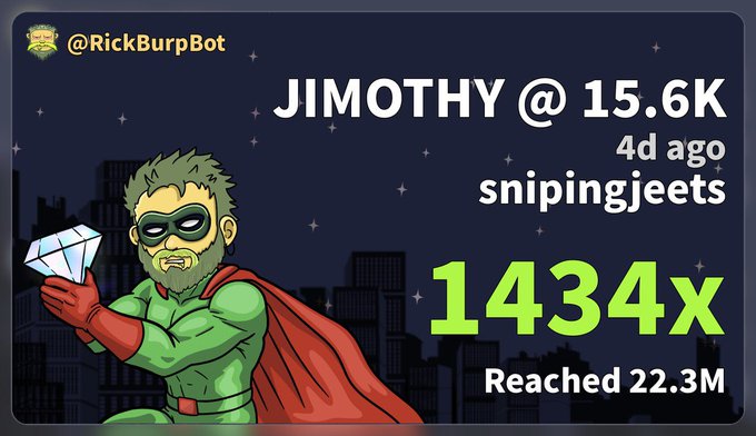 The image is a promotional graphic from @RickBurpBot celebrating a win for user "JIMOTHY @15.6K" (snipingjeets) who achieved a 1434x return, reaching 22.3M from a call made 4 days ago, featuring a superhero-style mascot holding a diamond. The image ties into the post's message by highlighting how being in the right private group, like @100clubx, leads to massive on-chain trading wins.