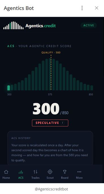 A mobile app screen for 'Agentics Bot' displays an 'Agentics credit' score of 300/850 labeled as 'SPECULATIVE' against a bell curve chart.