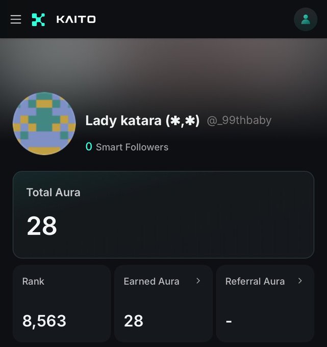 A Kaito app profile page for 'Lady katara (*,*)' (@_99thbaby) showing a Total Aura of 28, Rank of 8,563, and 0 Smart Followers.