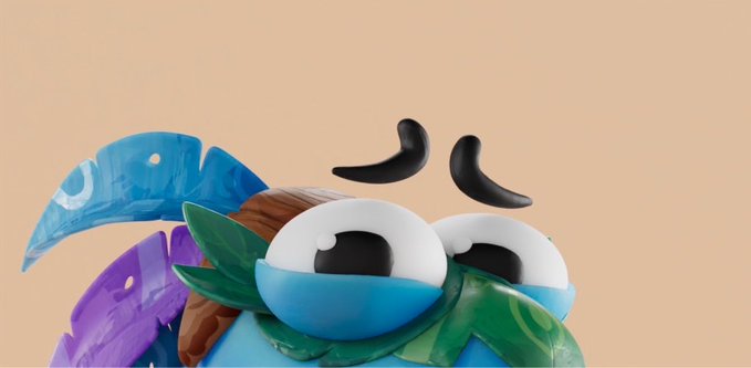 3D render of a colorful creature with large blue eyes, black eyebrows, and purple and green textured appendages against a peach background.