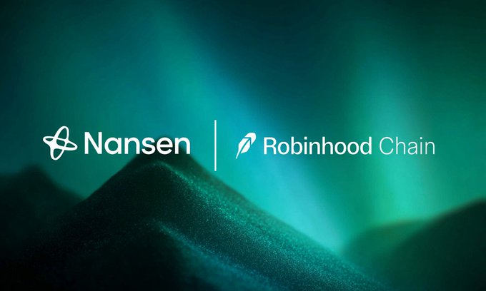 Nansen and Robinhood Chain logos side by side on a dark teal background, promoting the integration for tracking onchain activity, transaction flows, and ecosystem growth on Robinhood Chain through Nansen's analytics platform.
